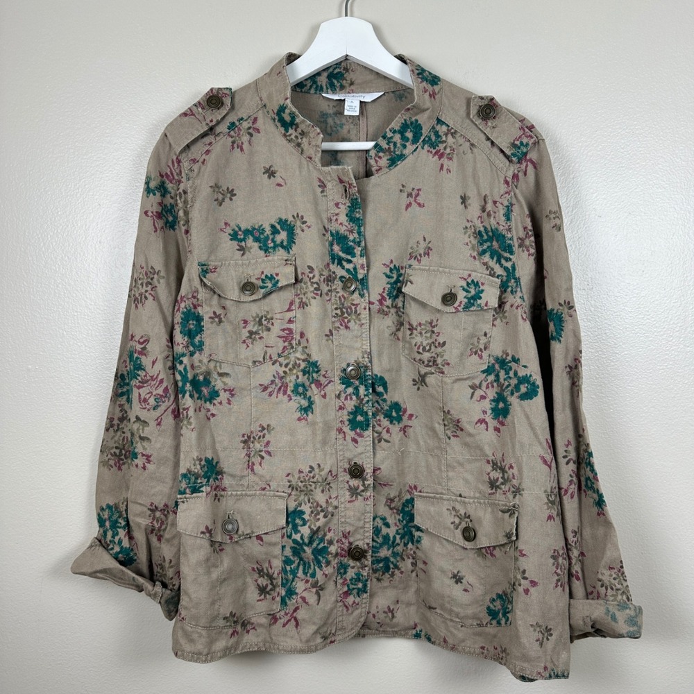 Relativity Women's XL Utility‎ Jacket Tan Floral 100% Linen Button Up Safari